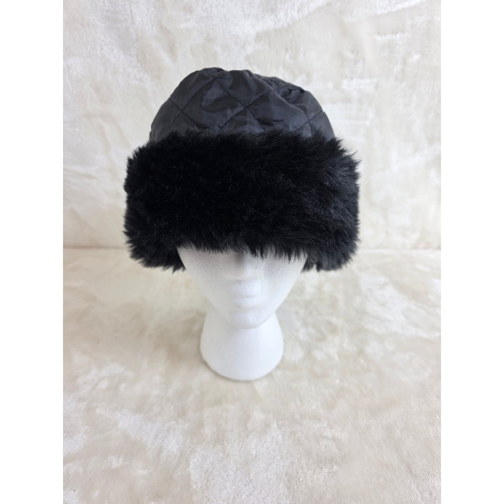 Black Quilted Faux Fur Trim‎ Winter Hat Women One Size Pillbox Russian Style